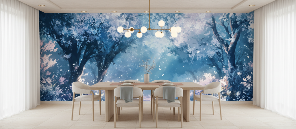 Papier peint forêt enchantée sakura bleu rose pétales volants - Salle à manger