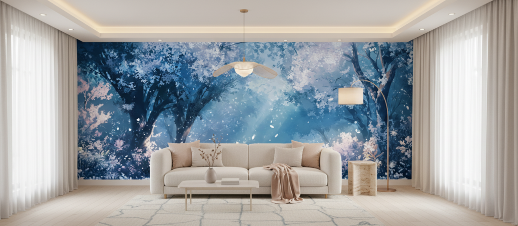 Papier peint forêt enchantée sakura bleu rose pétales volants - Salon / Séjour