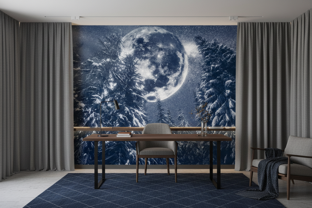 Papier Peint Forêt Enneigée sous Pleine Lune Mystique Bleue - Bureau