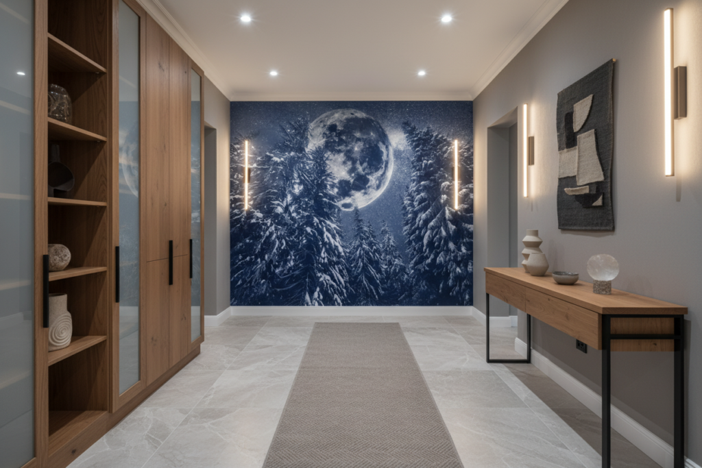 Papier Peint Forêt Enneigée sous Pleine Lune Mystique Bleue - Couloir