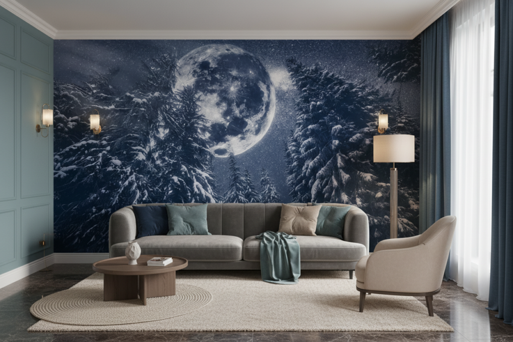 Papier Peint Forêt Enneigée sous Pleine Lune Mystique Bleue - Salon / Séjour