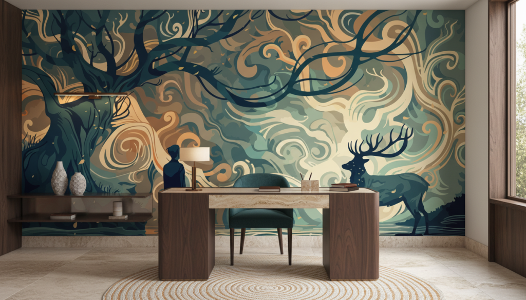 Papier Peint Forêt Mystique avec Cerf et Silhouette Humaine - Bureau