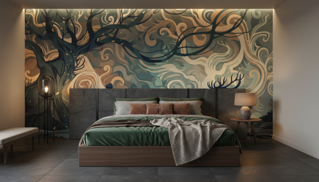 Papier Peint Forêt Mystique avec Cerf et Silhouette Humaine - Chambre adulte