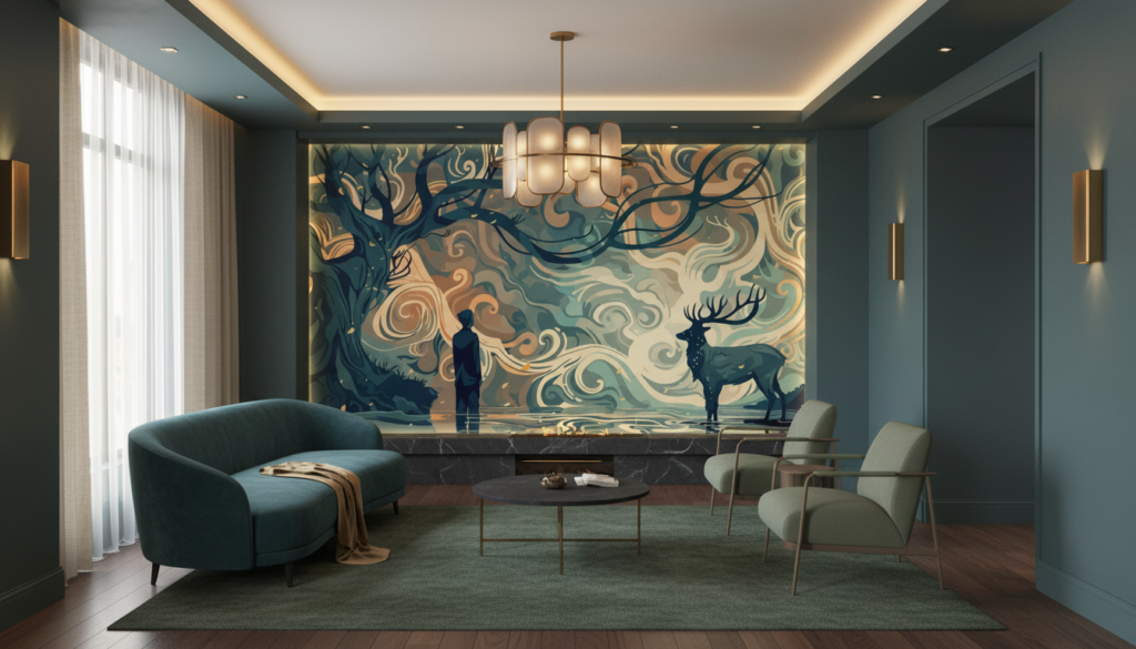 Papier Peint Forêt Mystique avec Cerf et Silhouette Humaine - Hôtel