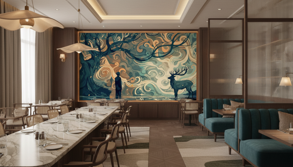 Papier Peint Forêt Mystique avec Cerf et Silhouette Humaine - Restaurant