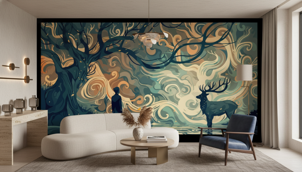 Papier Peint Forêt Mystique avec Cerf et Silhouette Humaine - Salon / Séjour