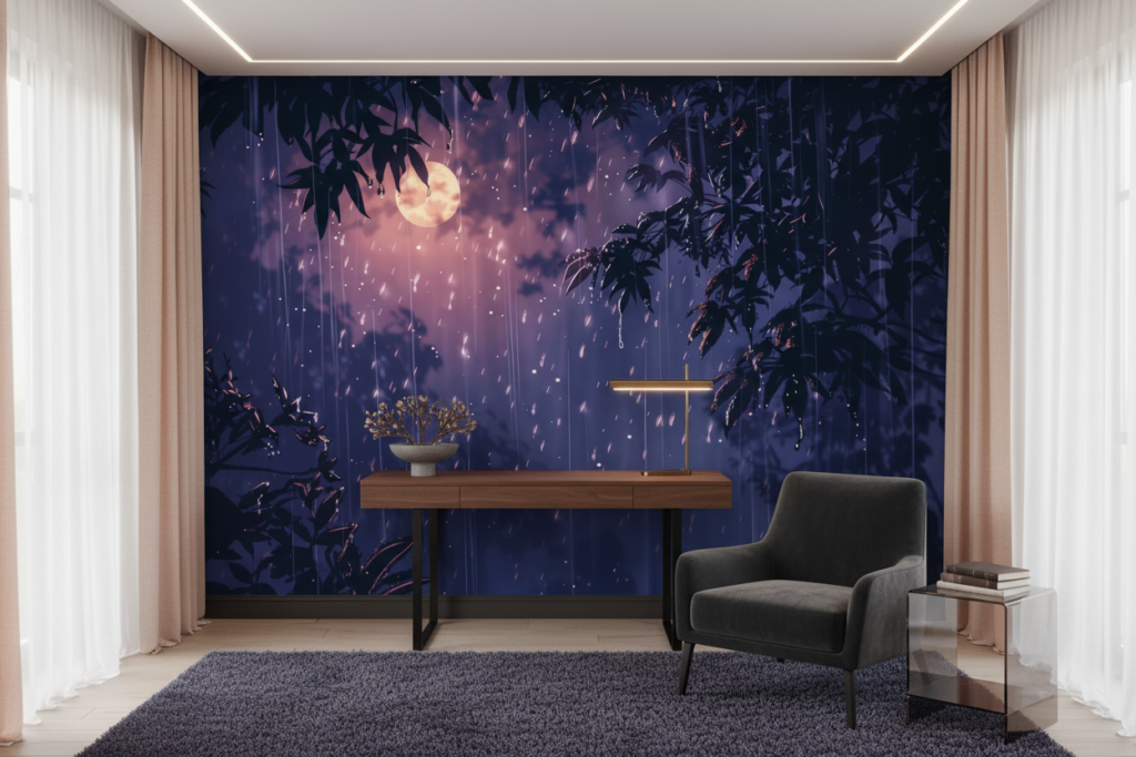 Papier peint forêt tropicale sous lune dorée pluie nocturne - Bureau