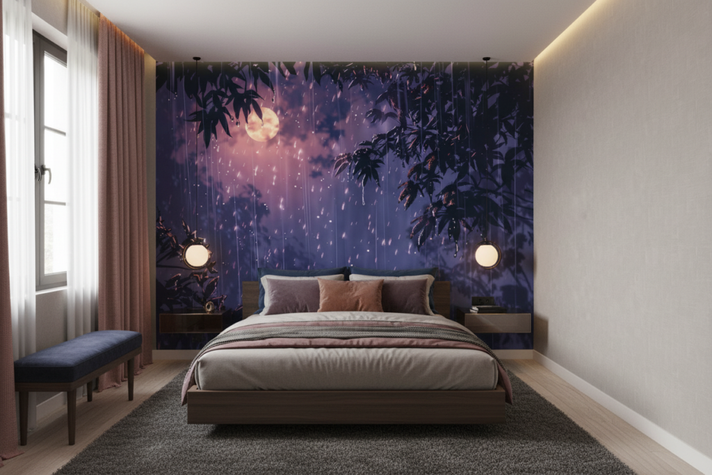 Papier peint forêt tropicale sous lune dorée pluie nocturne - Chambre ado