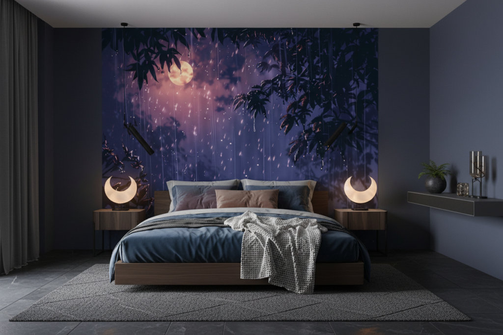 Papier peint forêt tropicale sous lune dorée pluie nocturne - Chambre adulte
