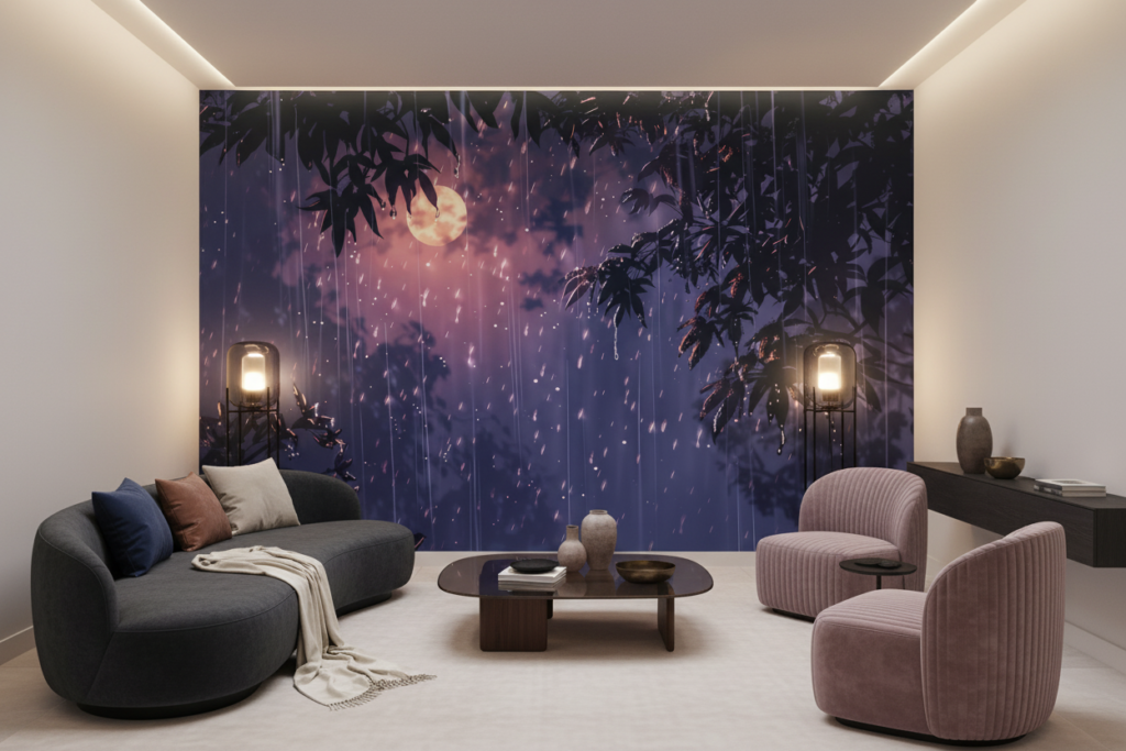 Papier peint forêt tropicale sous lune dorée pluie nocturne - Salon / Séjour