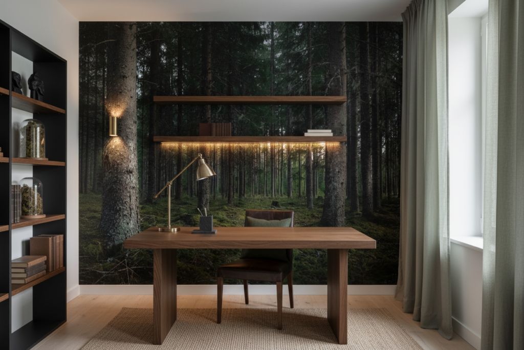 Papier Peint Forêt Dense de Conifères Atmosphère Mystérieuse Nordique - Bureau