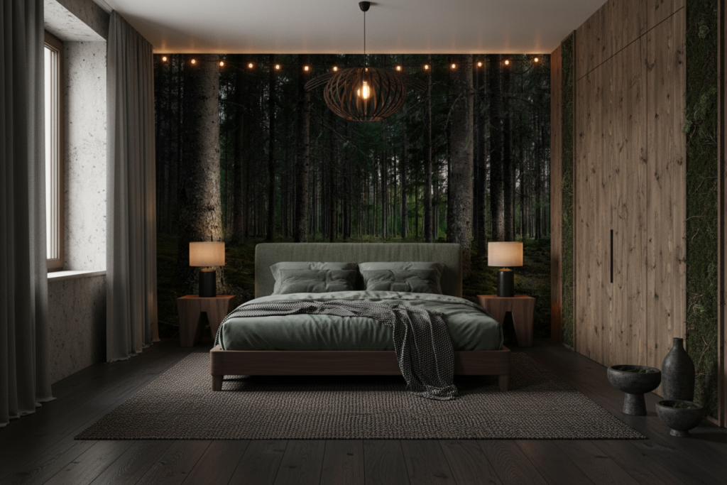 Papier Peint Forêt Dense de Conifères Atmosphère Mystérieuse Nordique - Chambre adulte