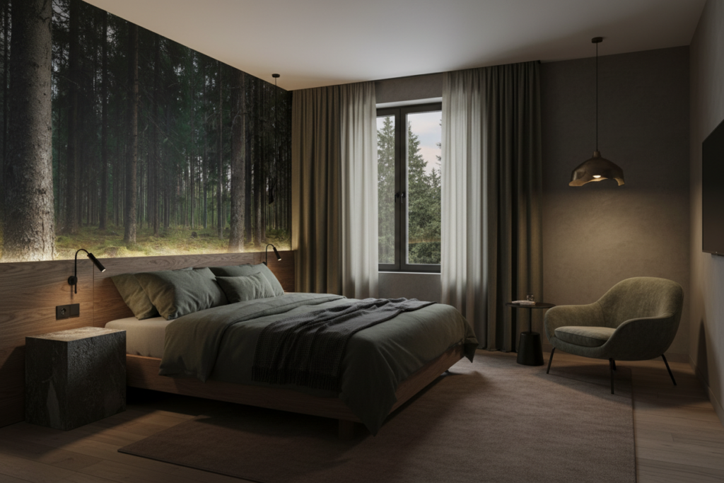 Papier Peint Forêt Dense de Conifères Atmosphère Mystérieuse Nordique - Hôtel