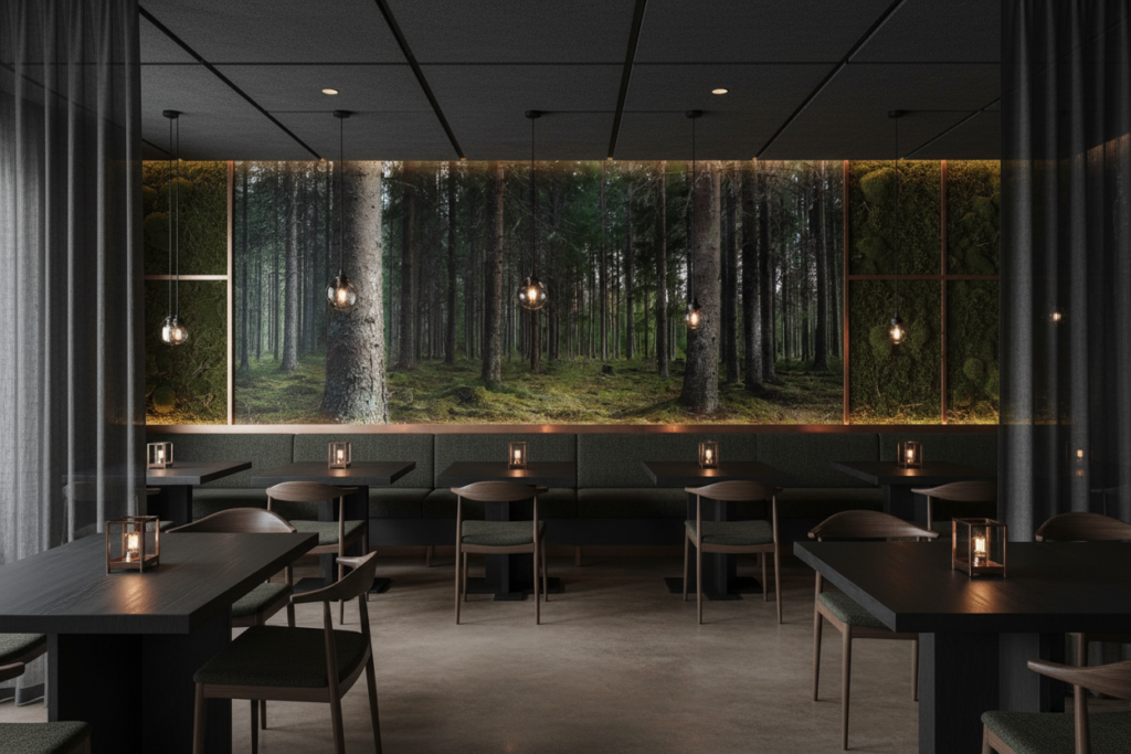 Papier Peint Forêt Dense de Conifères Atmosphère Mystérieuse Nordique - Restaurant