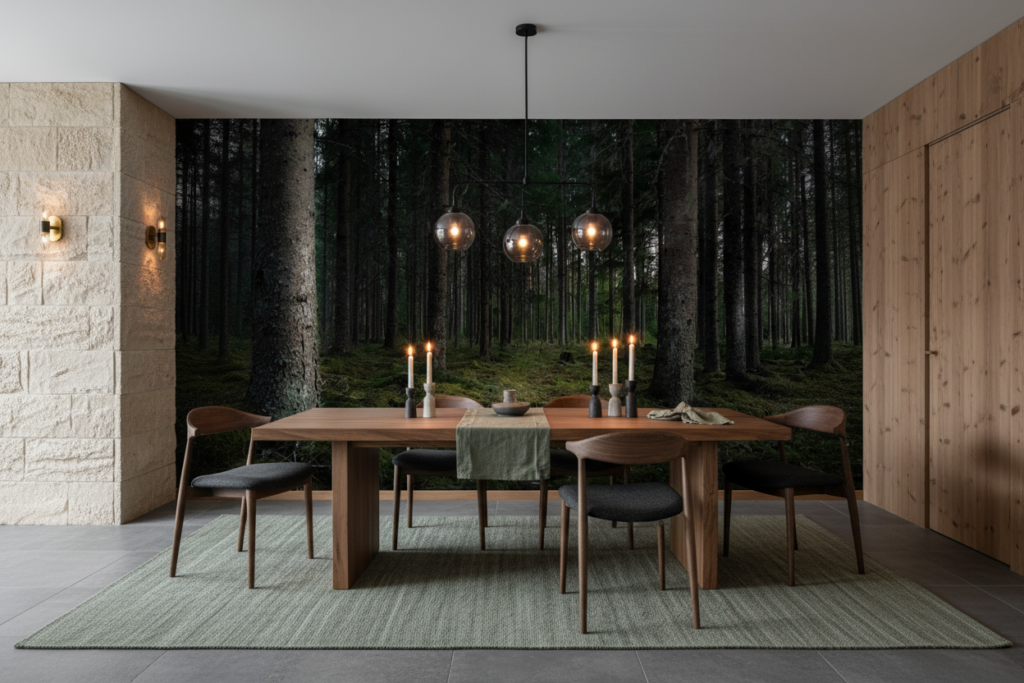 Papier Peint Forêt Dense de Conifères Atmosphère Mystérieuse Nordique - Salle à manger