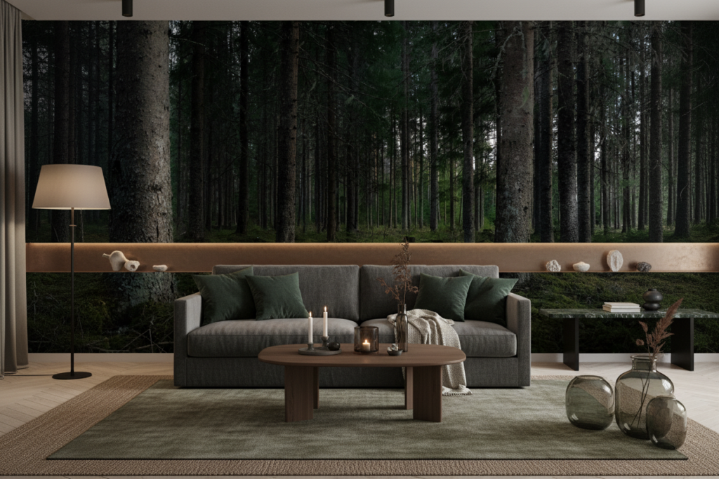 Papier Peint Forêt Dense de Conifères Atmosphère Mystérieuse Nordique - Salon / Séjour
