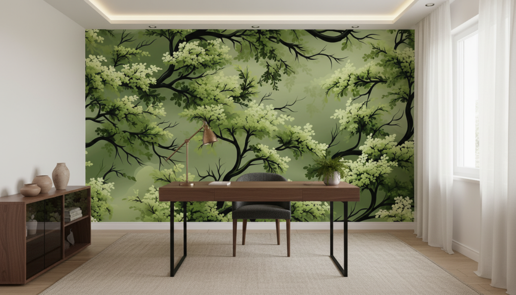 Papier peint forêt enchantée branches feuillage vert naturel - Bureau