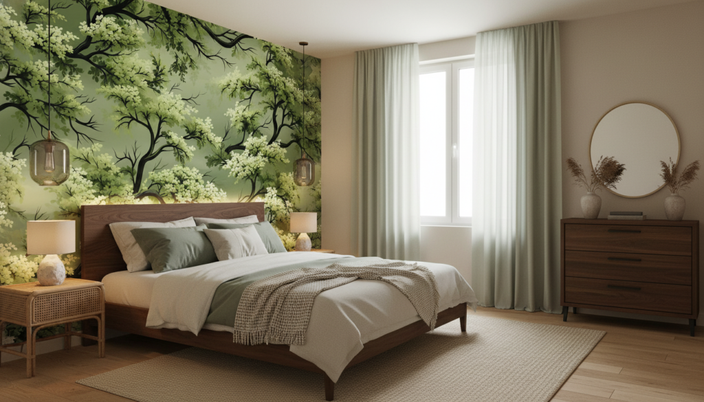 Papier peint forêt enchantée branches feuillage vert naturel - Chambre adulte