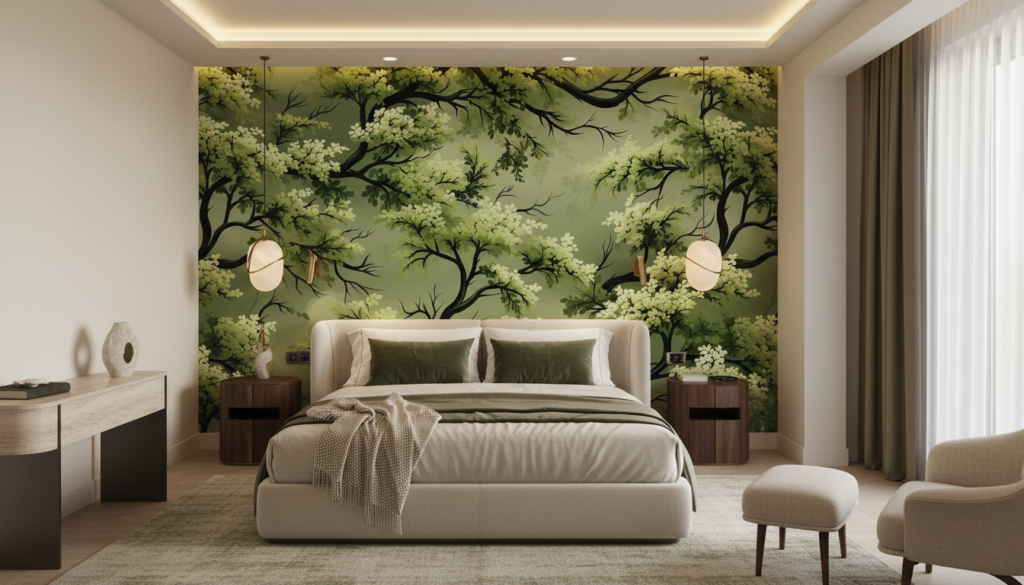 Papier peint forêt enchantée branches feuillage vert naturel - Hôtel