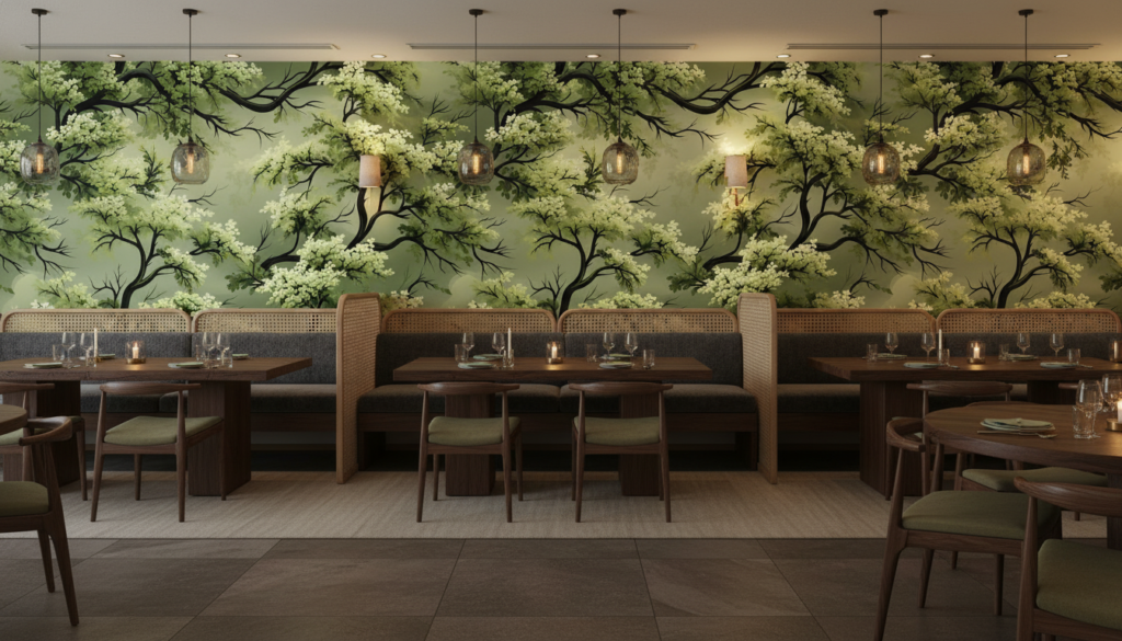 Papier peint forêt enchantée branches feuillage vert naturel - Restaurant