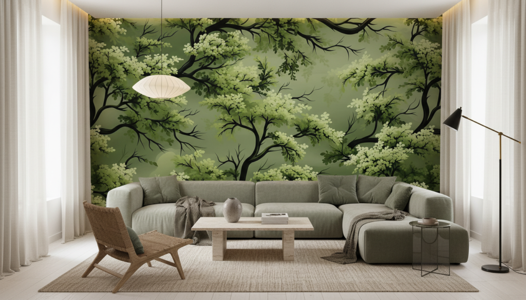 Papier peint forêt enchantée branches feuillage vert naturel - Salon / Séjour