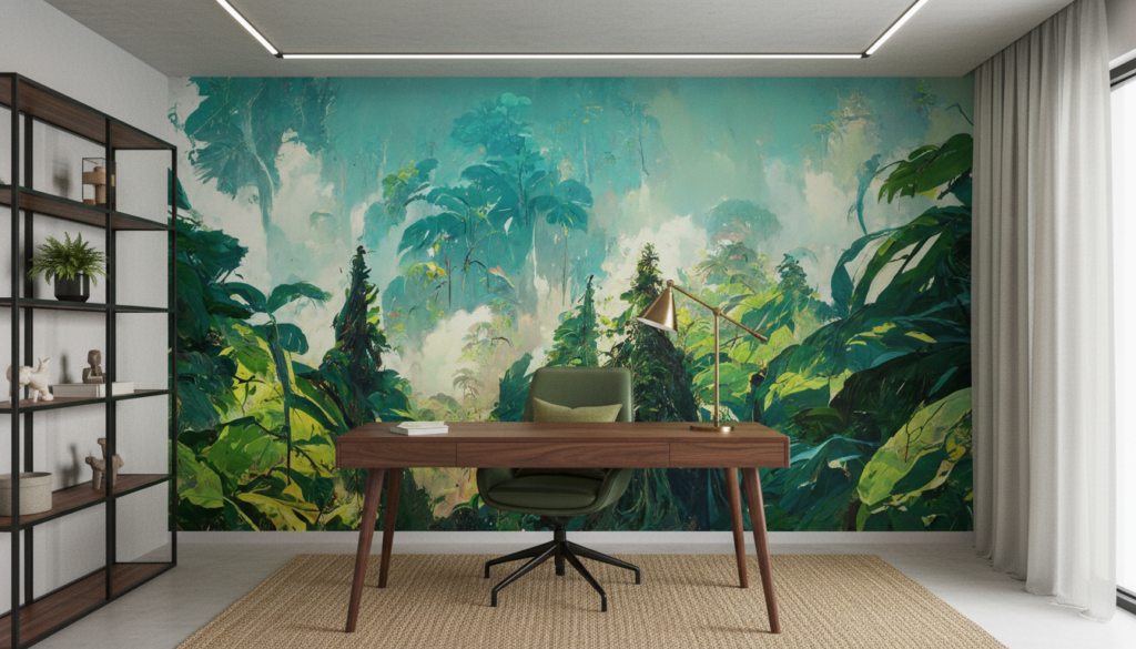 Papier Peint Forêt Tropicale Luxuriante aux Nuances Émeraude - Bureau