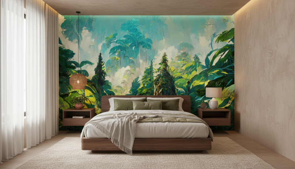 Papier Peint Forêt Tropicale Luxuriante aux Nuances Émeraude - Chambre adulte