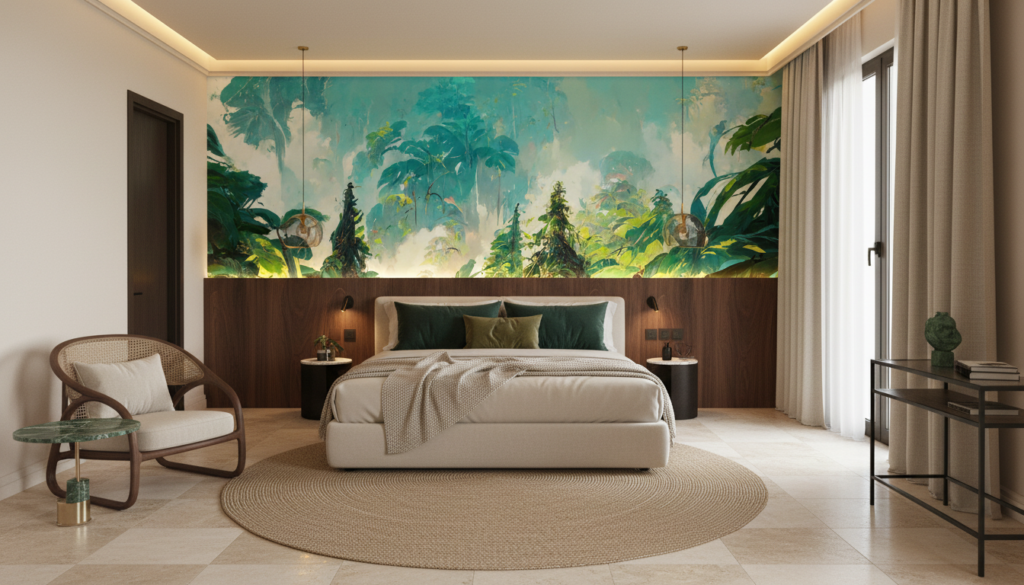 Papier Peint Forêt Tropicale Luxuriante aux Nuances Émeraude - Hôtel