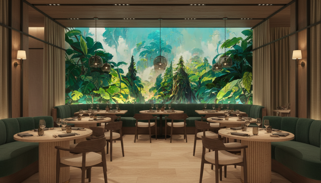 Papier Peint Forêt Tropicale Luxuriante aux Nuances Émeraude - Restaurant