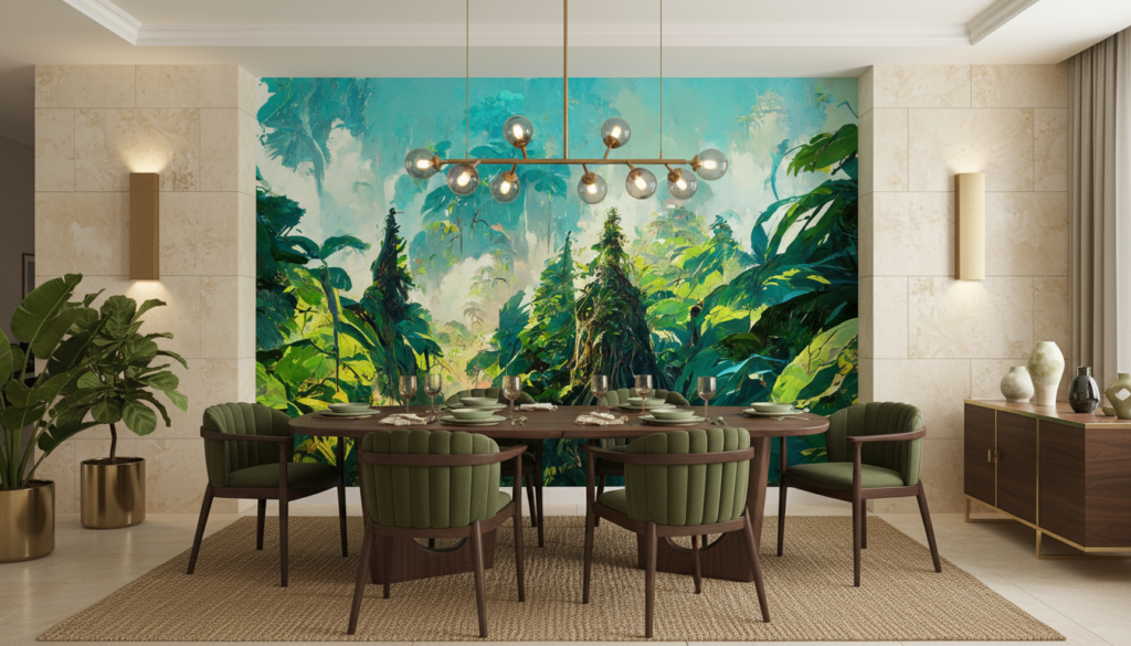 Papier Peint Forêt Tropicale Luxuriante aux Nuances Émeraude - Salle à manger