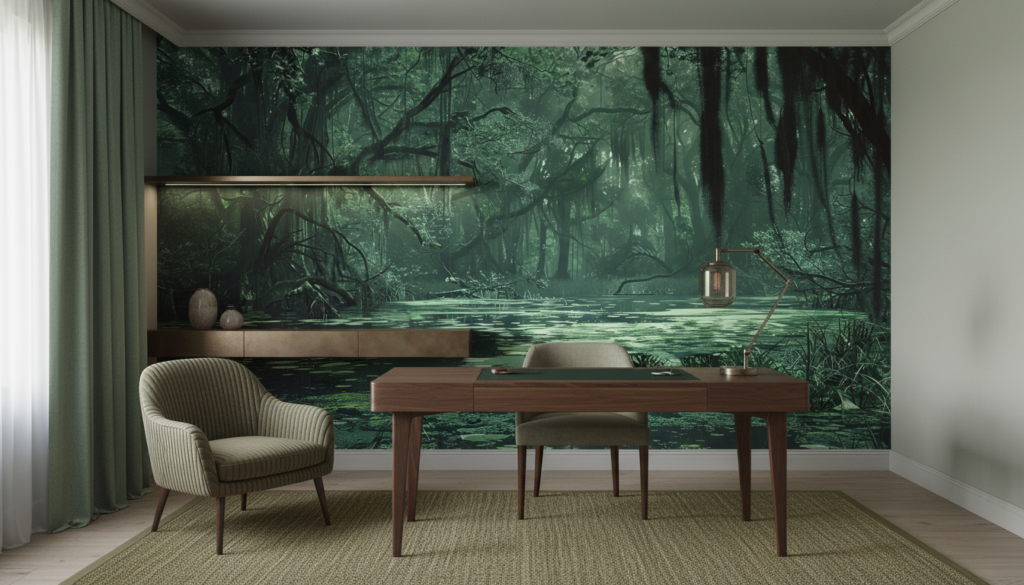Papier Peint Forêt Tropicale Mystérieuse aux Tons Verts Émeraude - Bureau