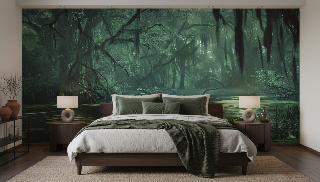 Papier Peint Forêt Tropicale Mystérieuse aux Tons Verts Émeraude - Chambre adulte