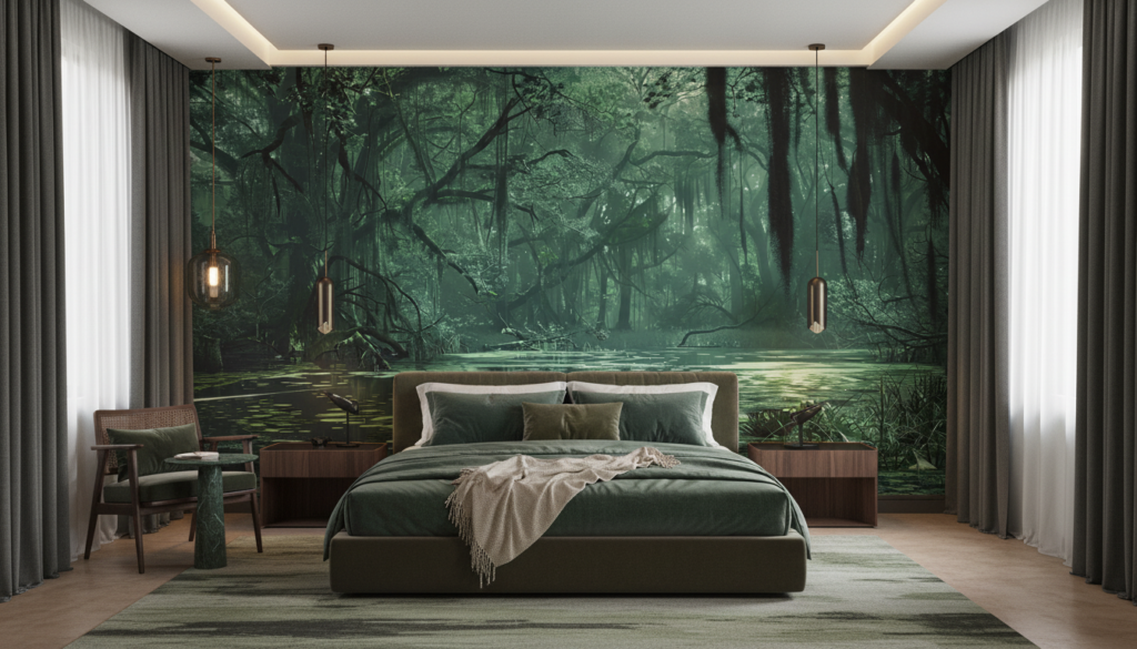 Papier Peint Forêt Tropicale Mystérieuse aux Tons Verts Émeraude - Hôtel