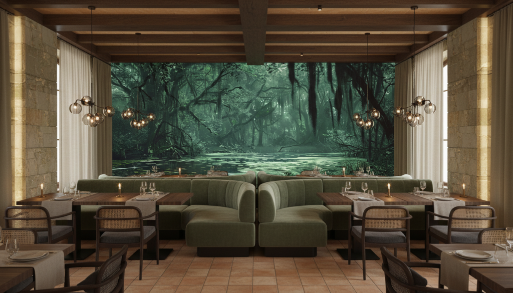 Papier Peint Forêt Tropicale Mystérieuse aux Tons Verts Émeraude - Restaurant