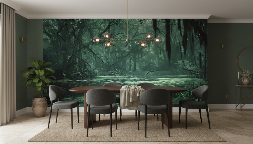 Papier Peint Forêt Tropicale Mystérieuse aux Tons Verts Émeraude - Salle à manger