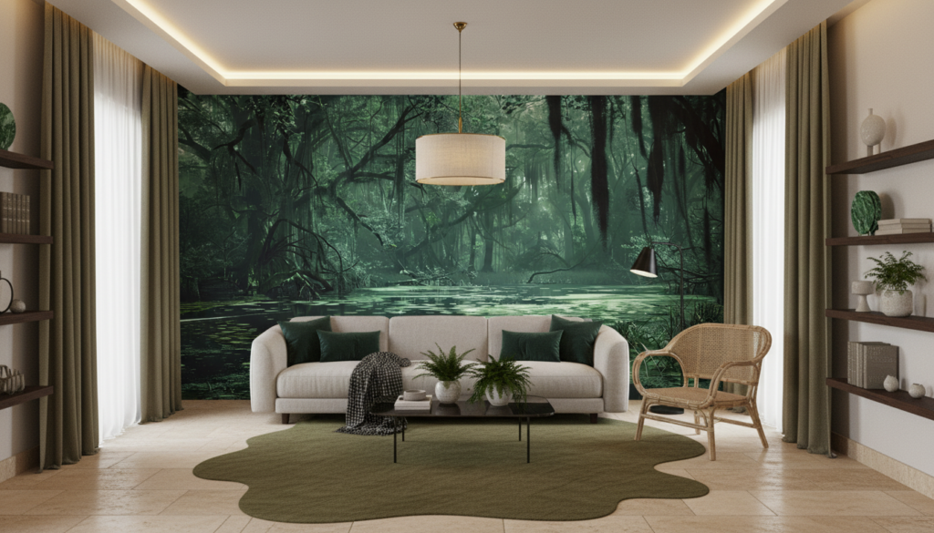 Papier Peint Forêt Tropicale Mystérieuse aux Tons Verts Émeraude - Salon / Séjour