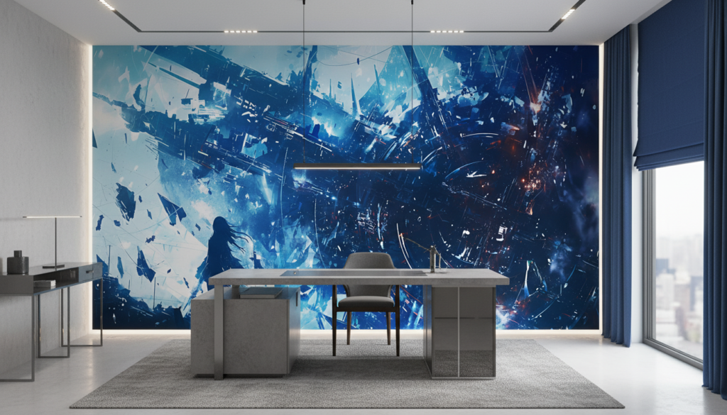 Papier Peint Futuriste Bleu Silhouette Féminine Destruction Urbaine - Bureau
