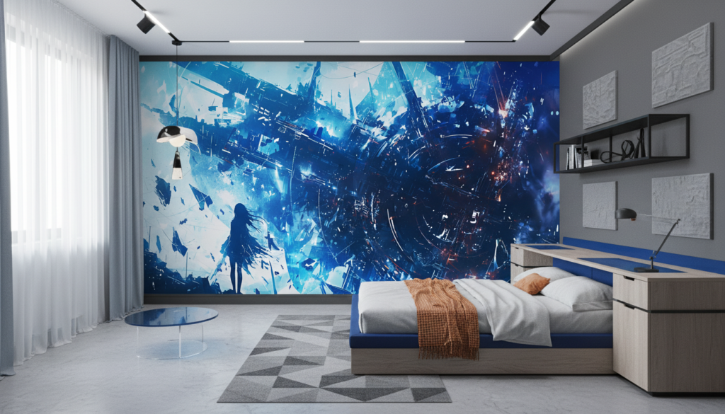 Papier Peint Futuriste Bleu Silhouette Féminine Destruction Urbaine - Chambre ado