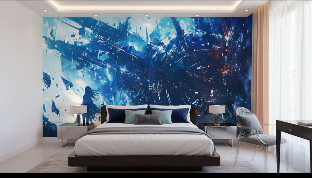 Papier Peint Futuriste Bleu Silhouette Féminine Destruction Urbaine - Chambre adulte