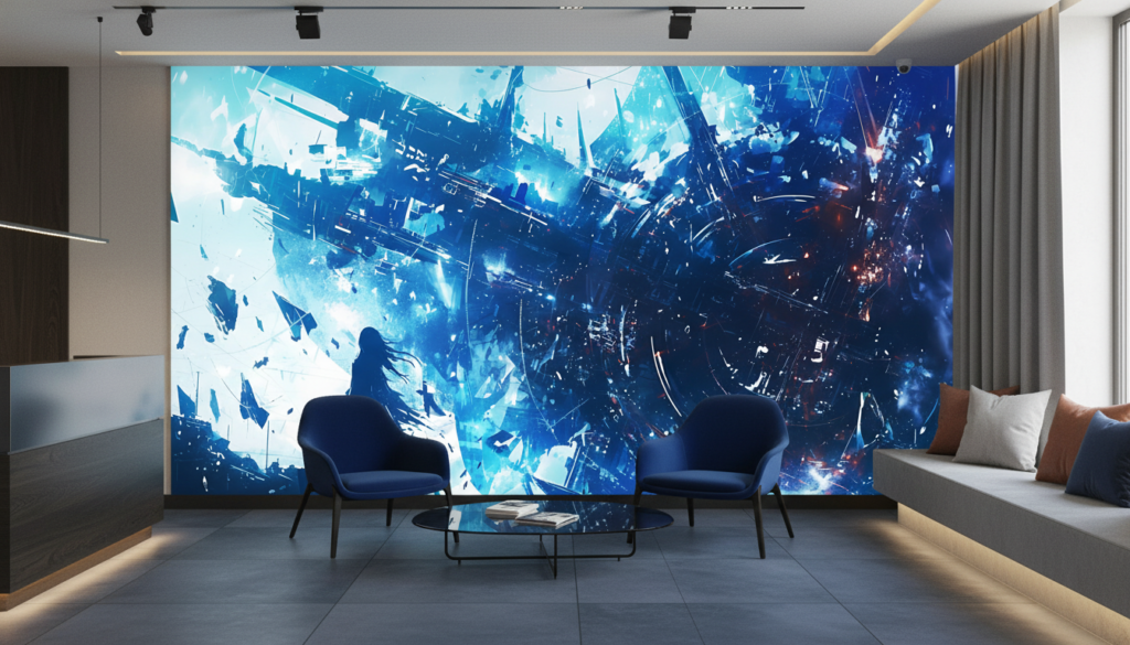 Papier Peint Futuriste Bleu Silhouette Féminine Destruction Urbaine - Hôtel