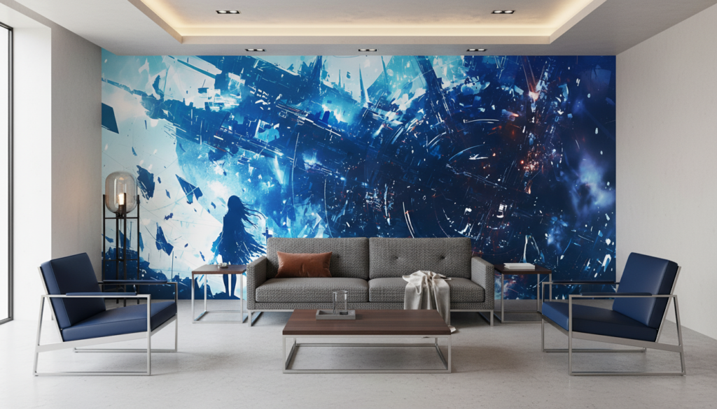 Papier Peint Futuriste Bleu Silhouette Féminine Destruction Urbaine - Salon / Séjour