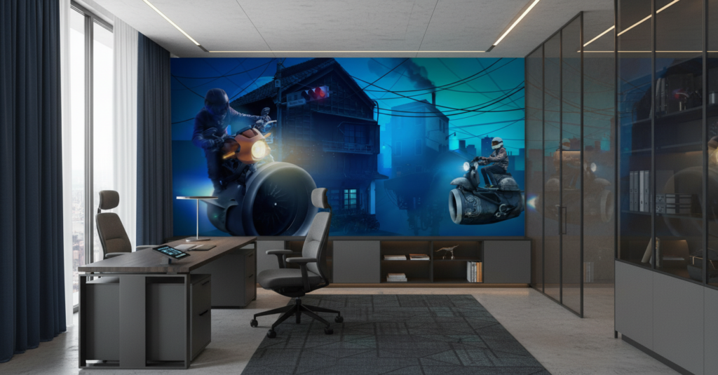 Papier Peint Futuriste Course Motos Cyberpunk Atmosphère Bleue Urbaine - Bureau