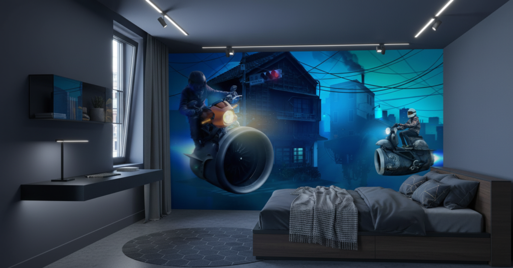 Papier Peint Futuriste Course Motos Cyberpunk Atmosphère Bleue Urbaine - Chambre ado