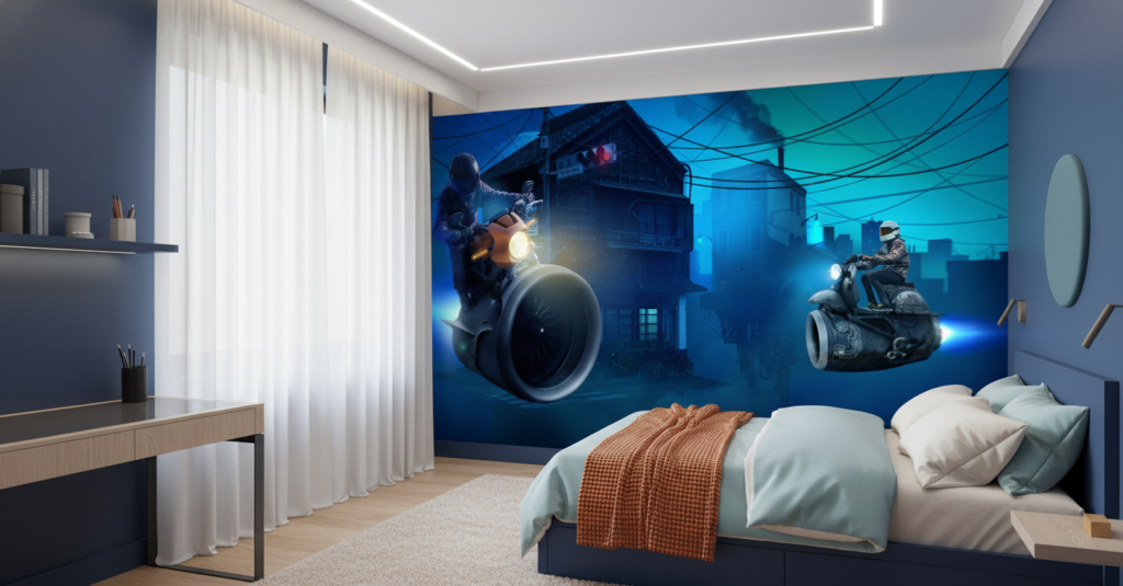 Papier Peint Futuriste Course Motos Cyberpunk Atmosphère Bleue Urbaine - Chambre enfant