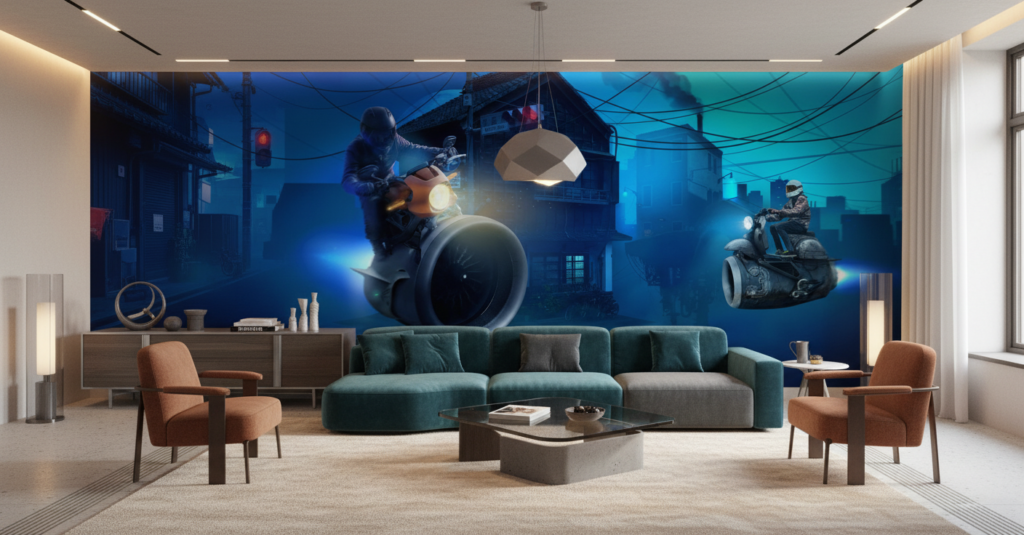 Papier Peint Futuriste Course Motos Cyberpunk Atmosphère Bleue Urbaine - Salon / Séjour