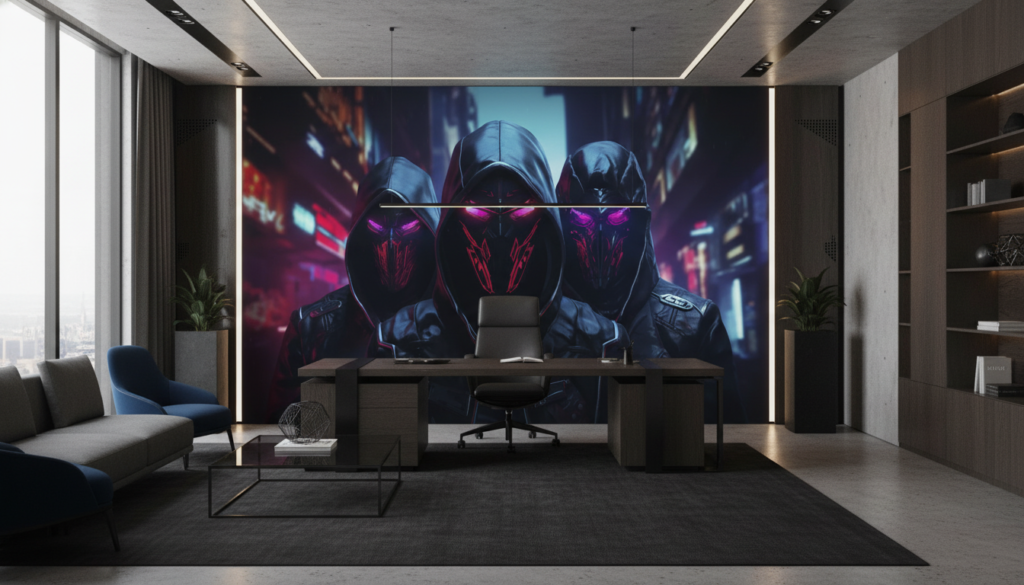 Papier Peint Futuriste Cyberpunk Trio de Guerriers Masqués Néon - Bureau