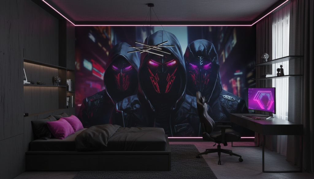 Papier Peint Futuriste Cyberpunk Trio de Guerriers Masqués Néon - Chambre ado