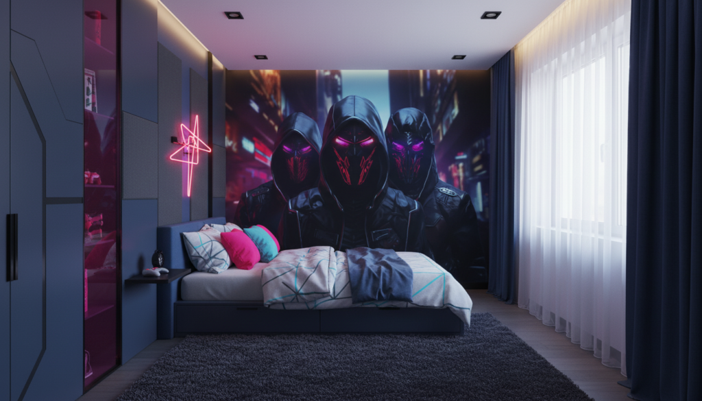 Papier Peint Futuriste Cyberpunk Trio de Guerriers Masqués Néon - Chambre enfant