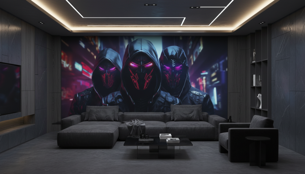 Papier Peint Futuriste Cyberpunk Trio de Guerriers Masqués Néon - Salon / Séjour