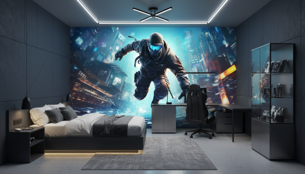 Papier Peint Futuriste Cyberpunk Ville Néon Bleu Urbain - Chambre ado